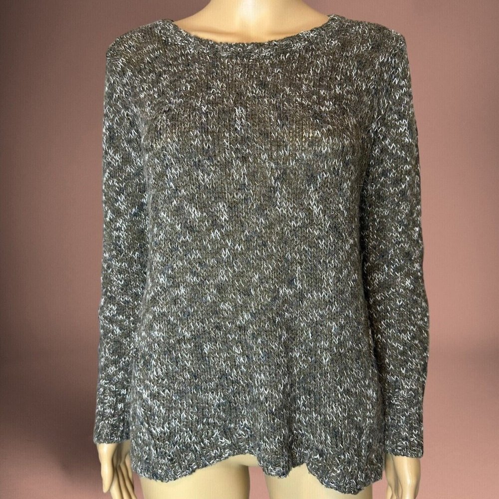 Kensie Womens Pullover Sweater Small Green White Knit Alpaca Round Neck Stretch